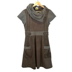 Button Front Cowl Neck Short Sleeve Brown and Gray Knee Length Dress Women Small